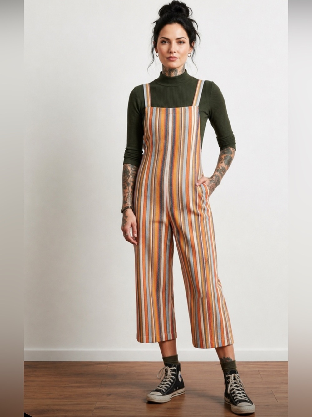 💥 Outfit! Striped Knit Wide-Leg Jumpsuit & Forest Green Long-sleeve *flawed
